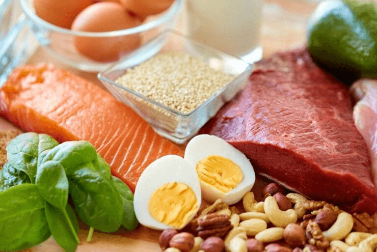 High protein foods like eggs, beef, salmon and nuts.