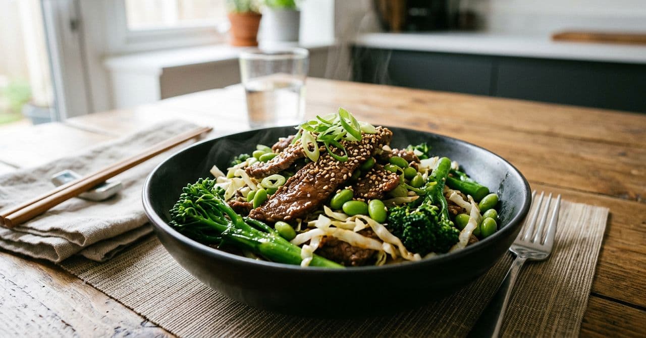 A beef and broccoli protein bowl by the myBMI chef and wellness expert