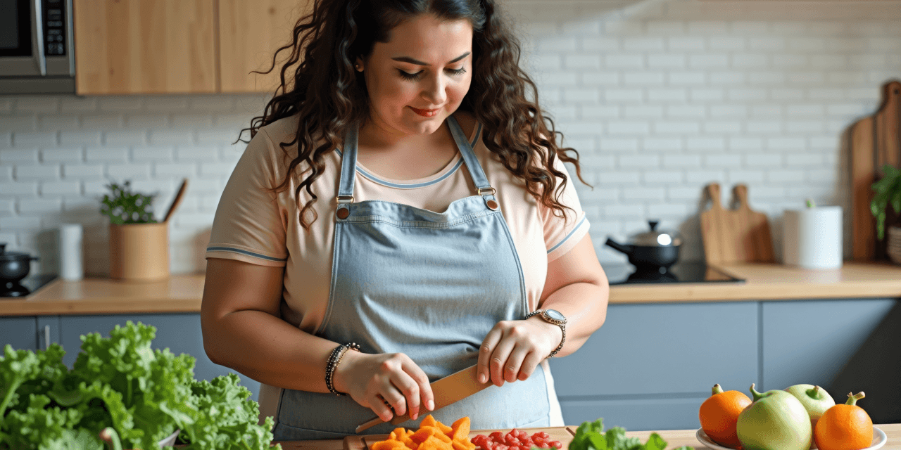 Woman meal prepping in a modern kitchen. She's wearing a light blue apron.
