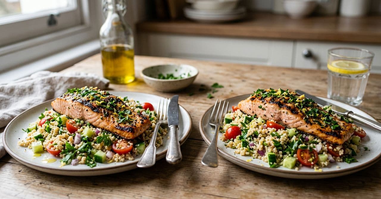 Grilled lemon and herb salmon with mediterranean couscous