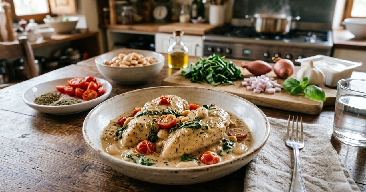 A plate of creamy Tuscan-style chicken on a wooden table, with ingredients visible in the background.