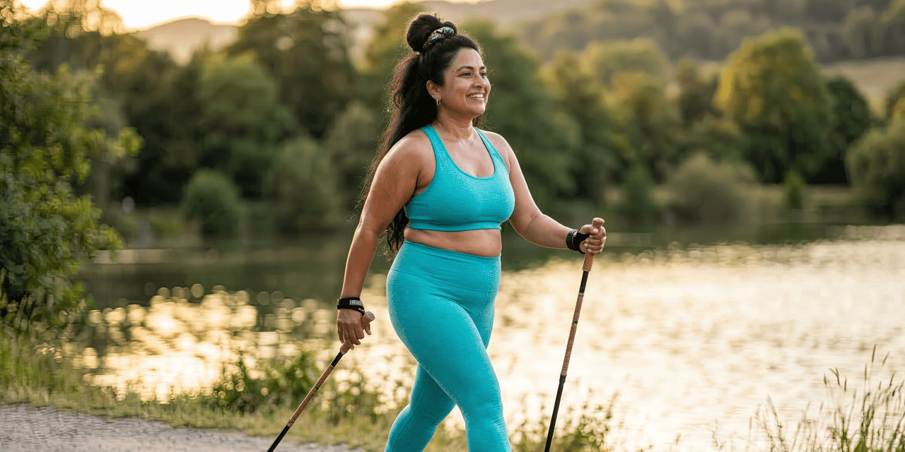 Woman in bright blue athleisure hiking in nature using hiking poles