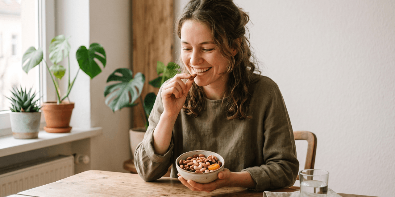 Woman eating almonds from a bowl.
