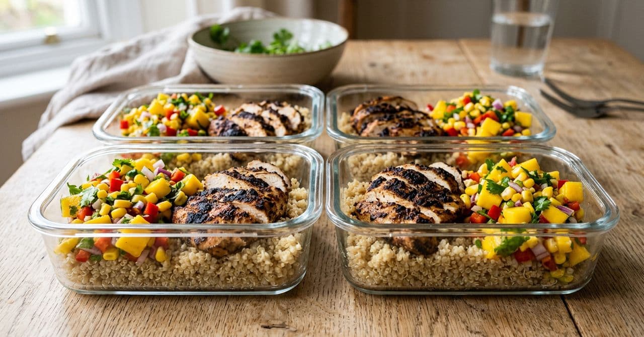 Jerk chicken with quinoa and mango salsa