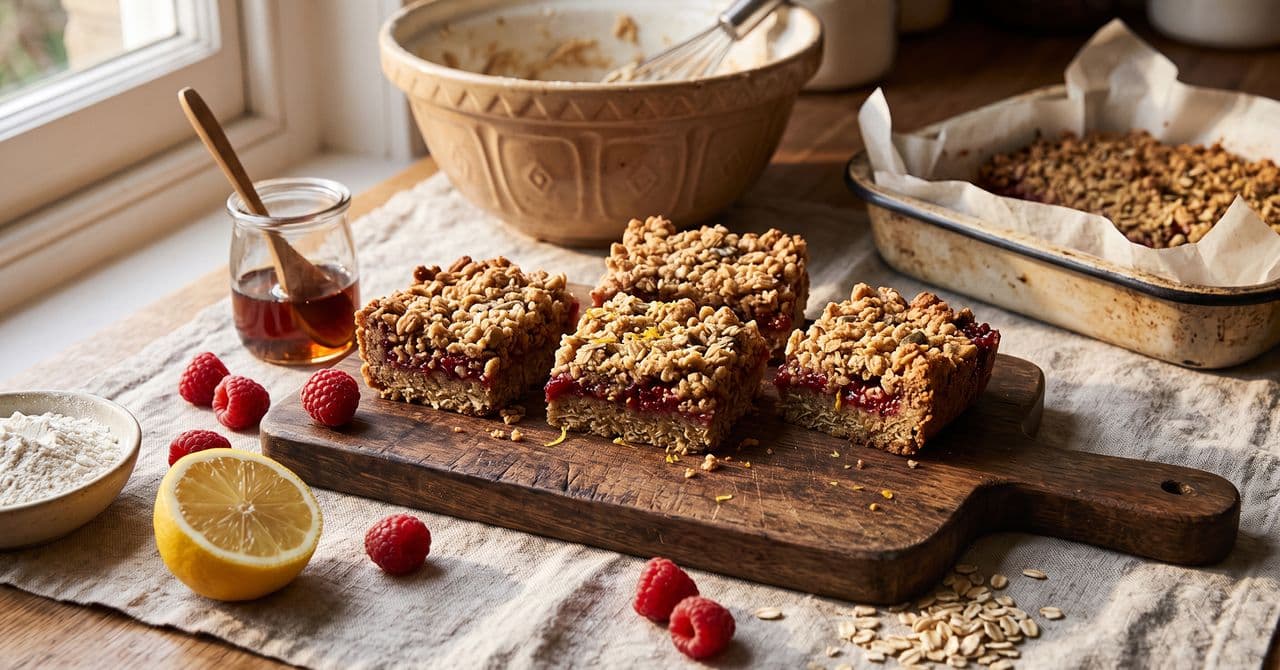 Raspberry and oat crumble slices