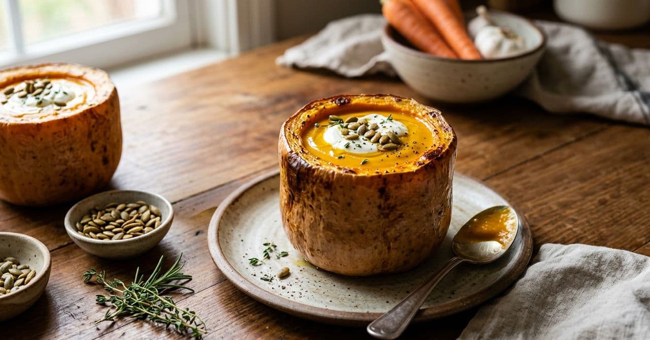 Butternut squash and carrot soup served in the roasted butternut squash, topped with Greek yoghurt and pumpkin seeds