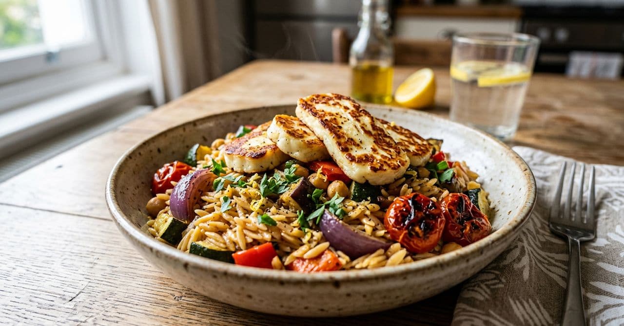 A bowl of roasted vegetable and halloumi orzo on a wooden table. The set-up looks rustic.