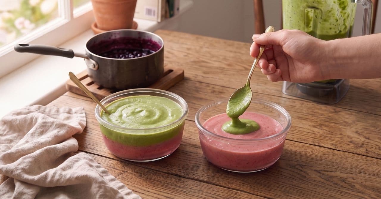 Two strawberry matcha smoothies in glass bowls on wooden table. Behind them is a pot of freshly cooked serry jam, and in front of them a linen cloth. A hand is topping one of the  smoothies with the matcha layer. 