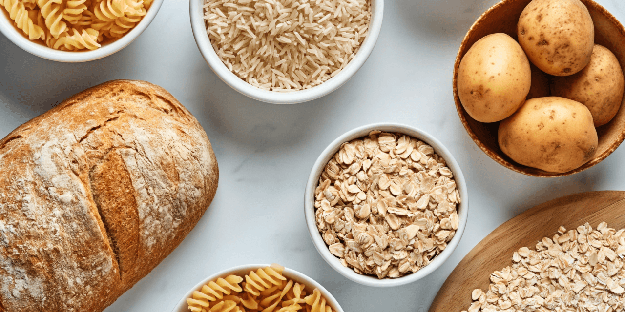Bowls of oats and pasta, as well as loaves of bread, seen from above on a white table