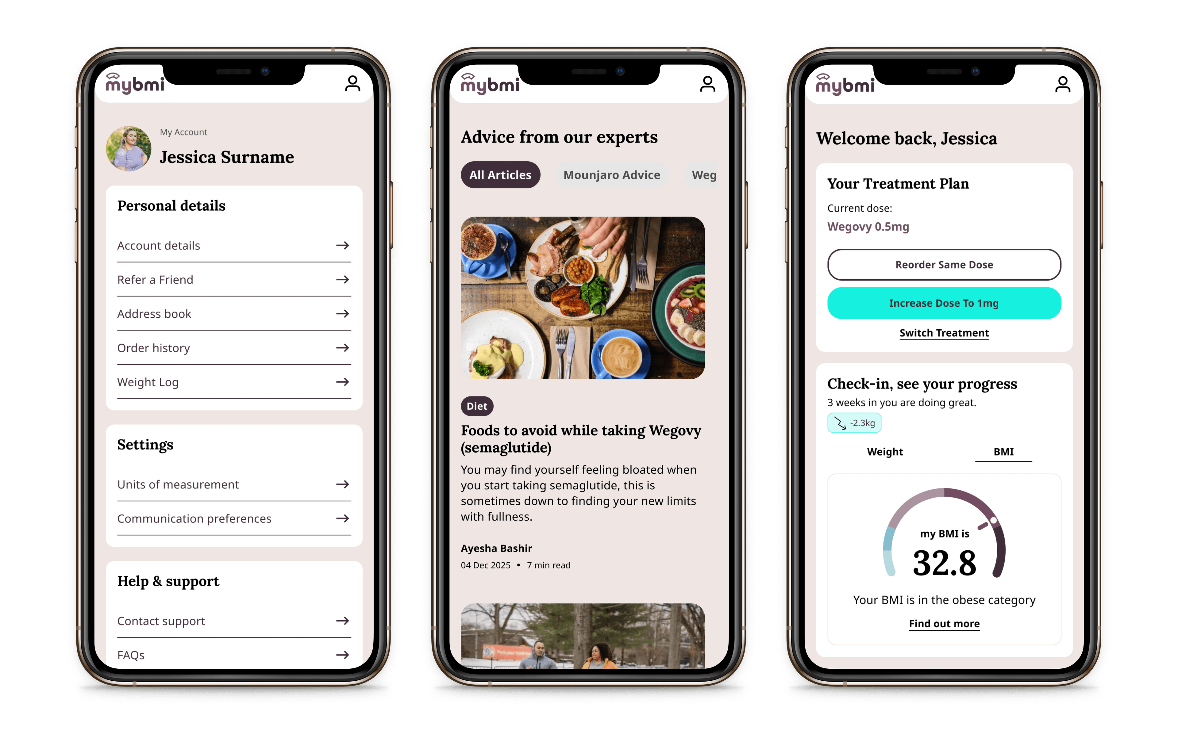 A visual of the different ways the myBMI can support your weight loss. From diet and exercise advice to tracking and medication reminders.