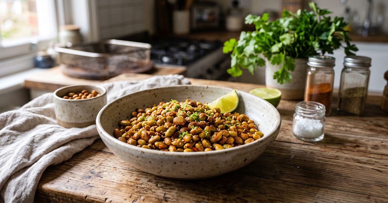 A big ceramic bowl filled with freshly roasted garlic and chilli edamame