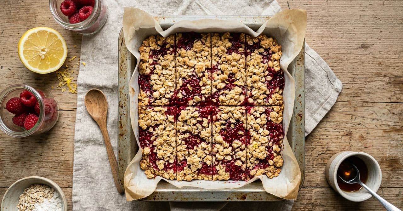 Raspberry and Lemon Oat Crumble Slices in a pan, fresh out of the oven.