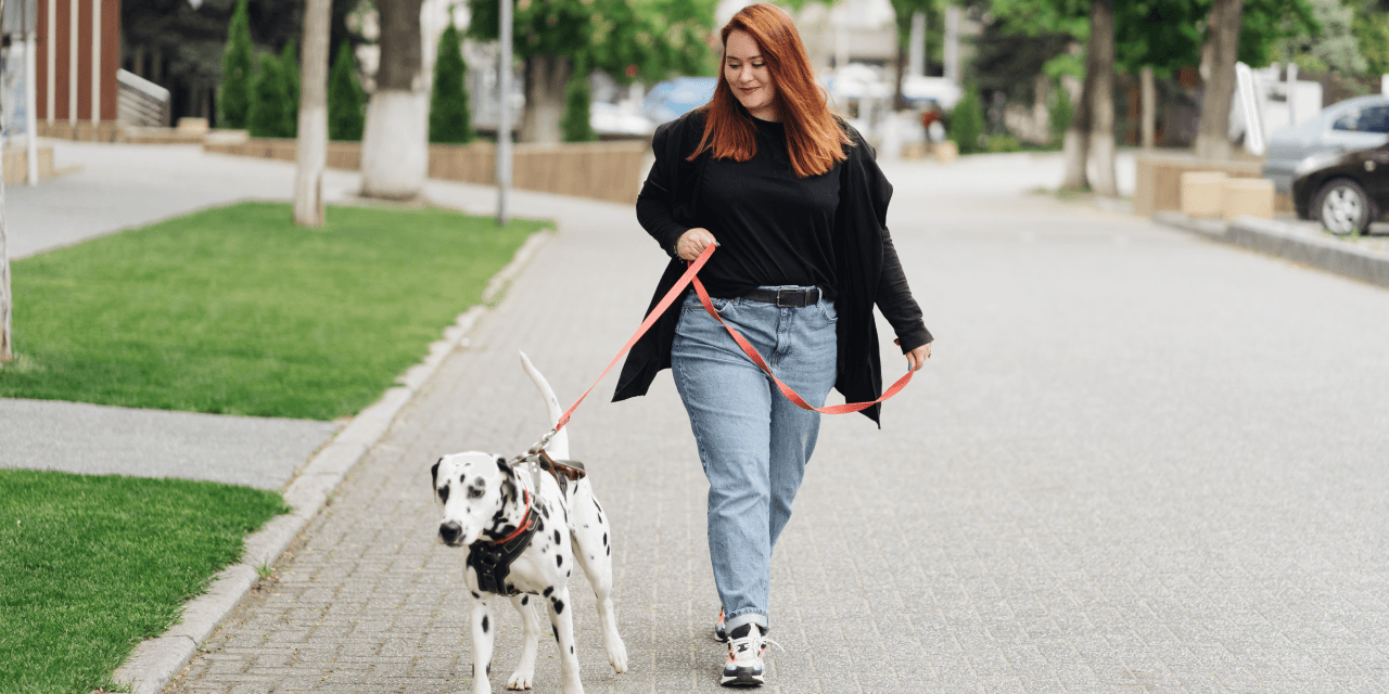 Young woman walking her Dalmatian dog in a suburban area.