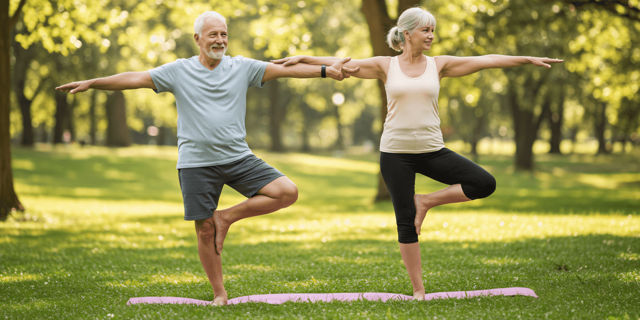 An old man and woman doing yoga in the park