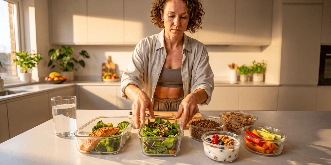 Woman in activewear arranging a variety of glass containers with high-fibre meal prep dishes on a counter in a modern, luminous kitchen.